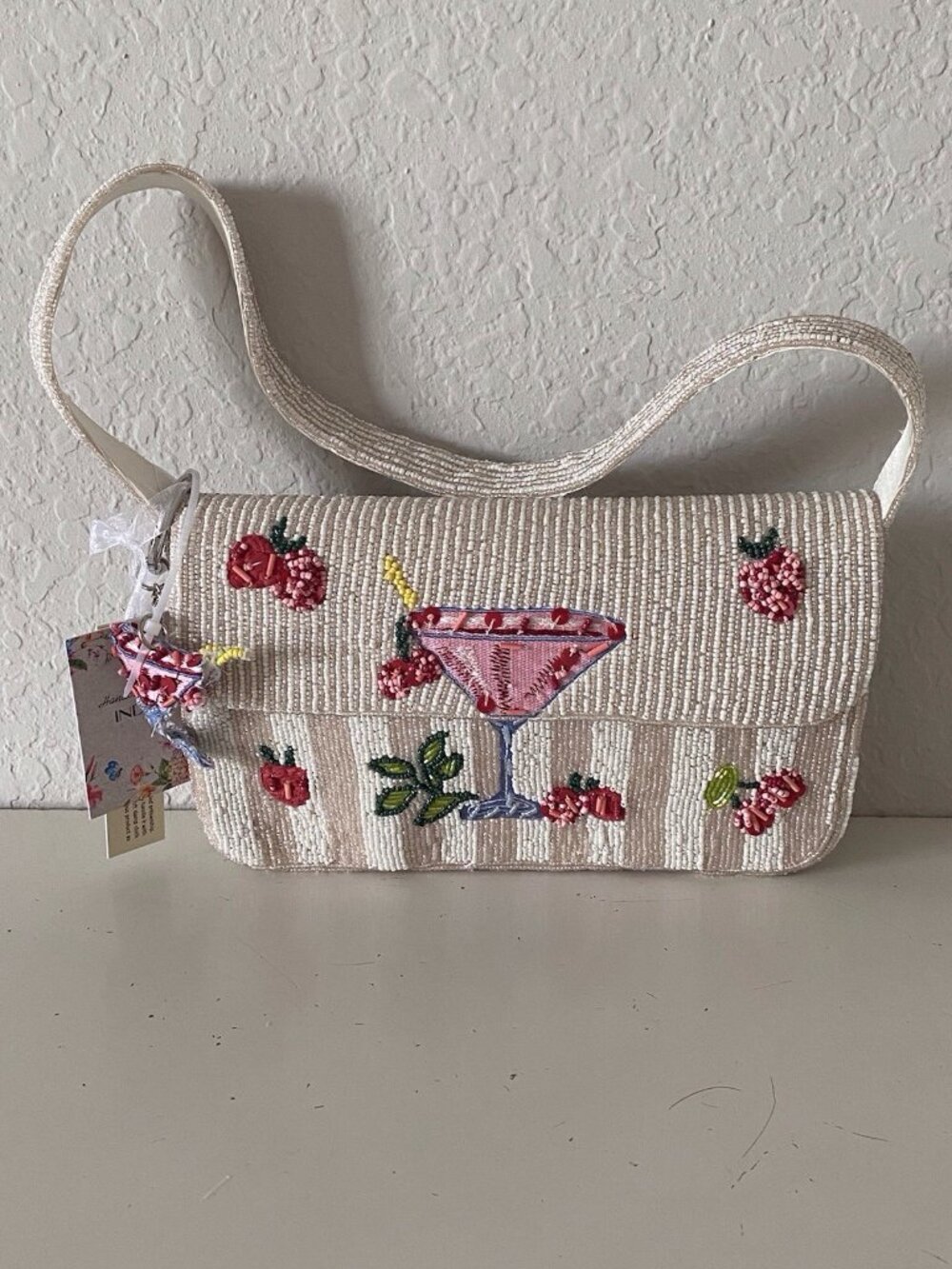 Handcrafted in India Strawberry Margarita Martini Beaded Bag W/Charm Viral NEW